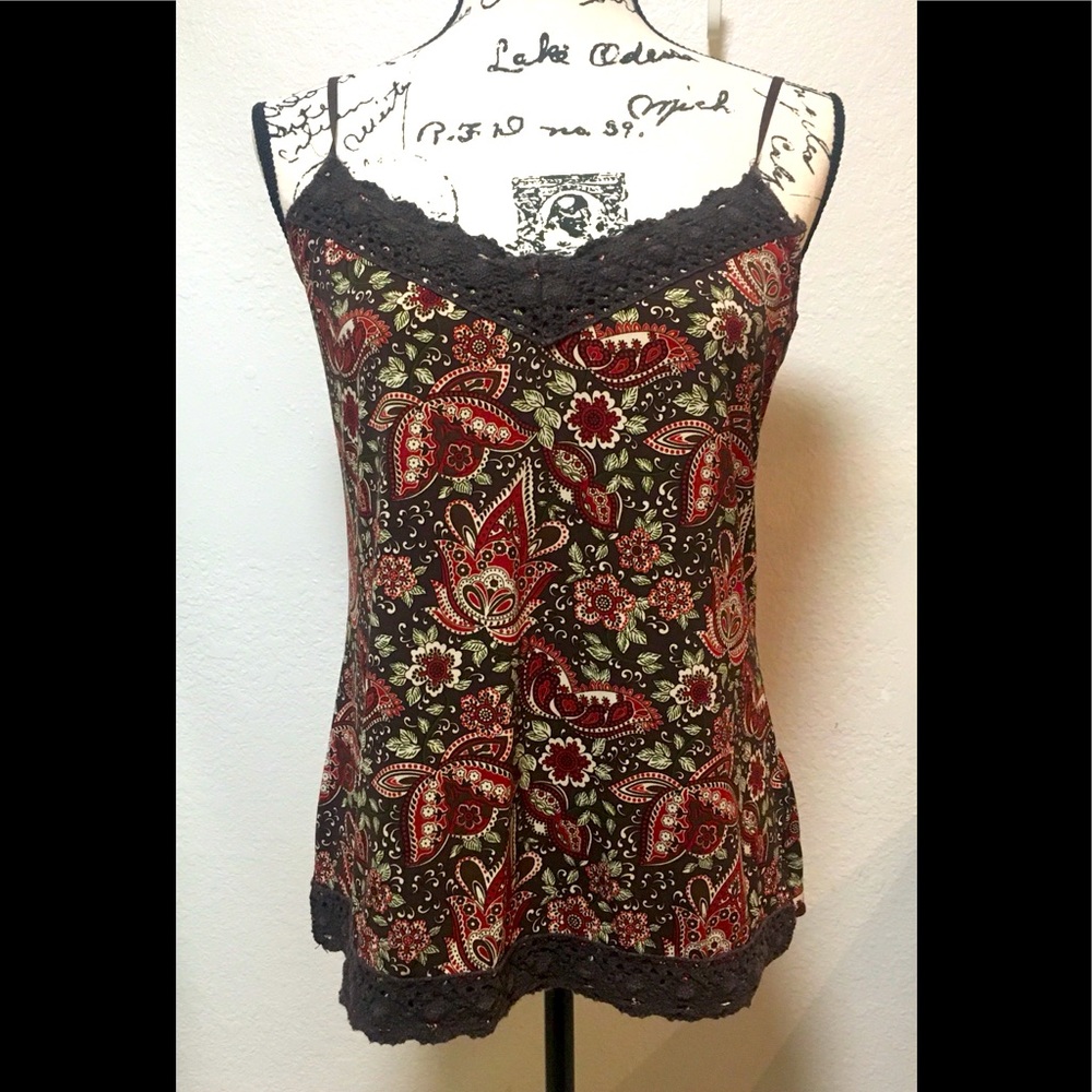 Brown, rusty red, and beige paisley top